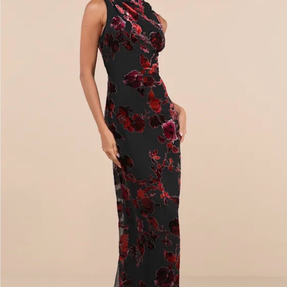 Lulu's One Shoulder Black and Red Floral Dress